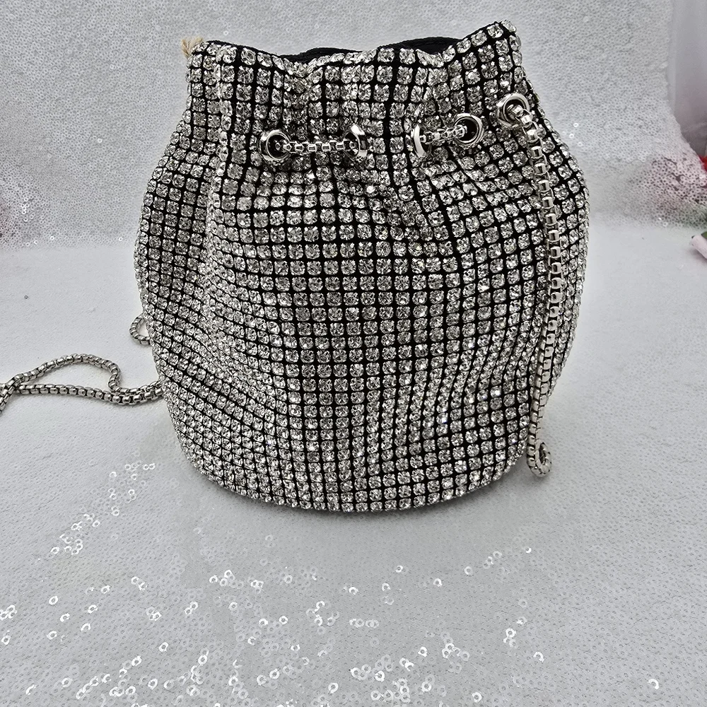 E|N Expressions NYC Rhinestone Small Bucket Bag Top Handle Shoulder Silver-tone